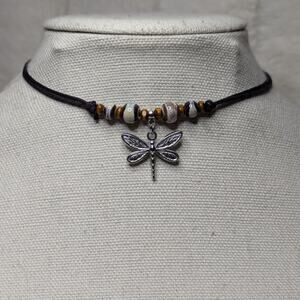 Brown White Ceramic Beaded Silver Dragonfly Charm Boho Hippie Choker Necklace